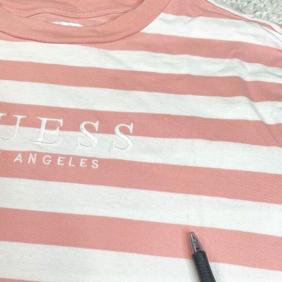 Guess Los Angeles Pink White Striped Short Sleeve Shirt Unisex - Picture 4 of 7